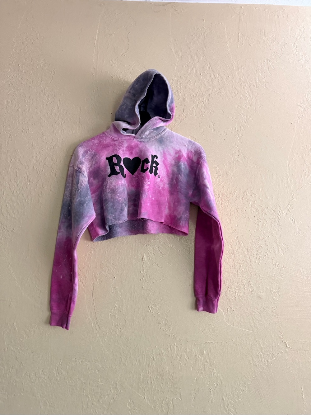 Gildan Pink Purple Tie-Dye Cropped Hoodie with 'Rock' Print
